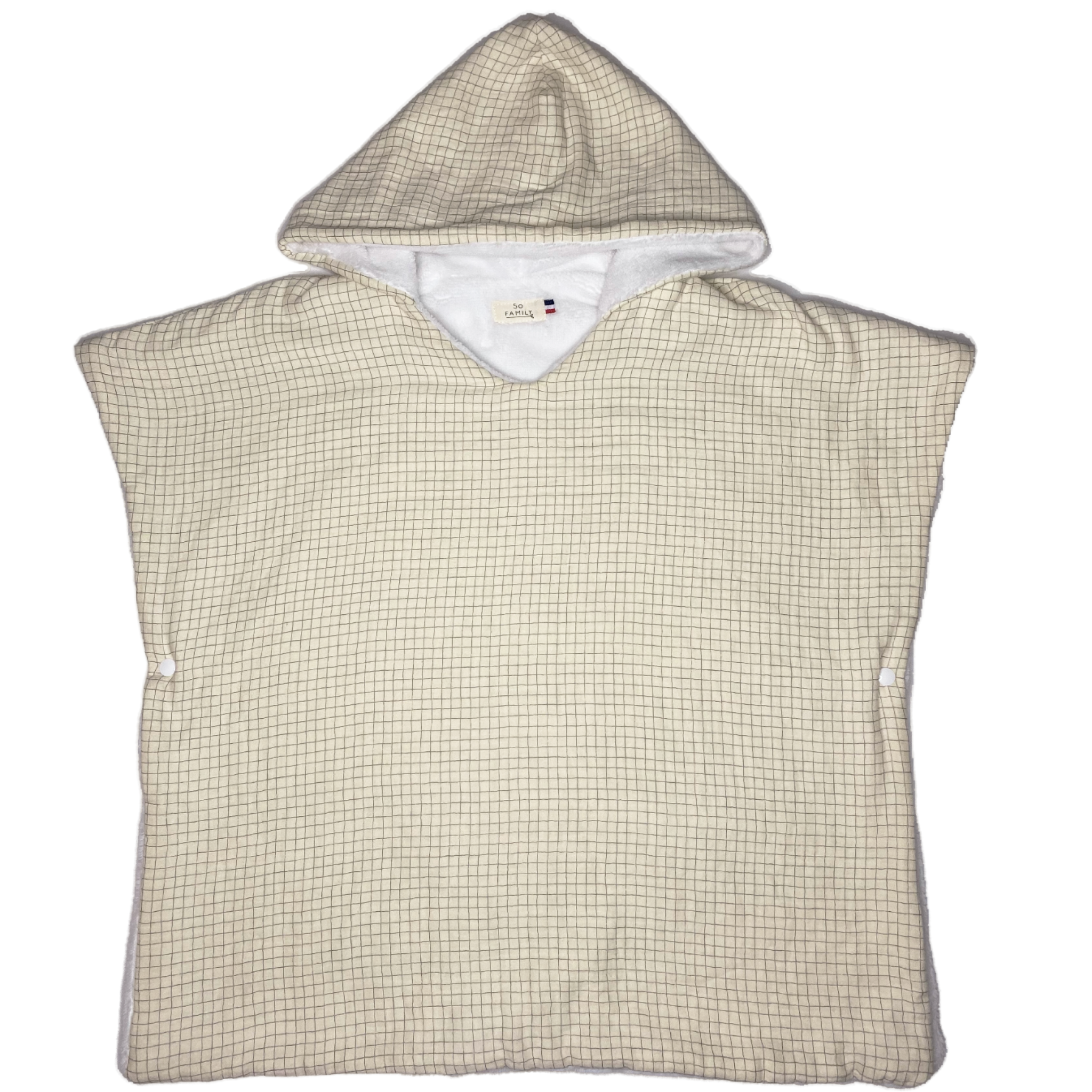 Poncho de bain en gaze de coton imprimé sur l'extérieur et intérieur en éponge bambou, très souple et douce. Fabrique en France.