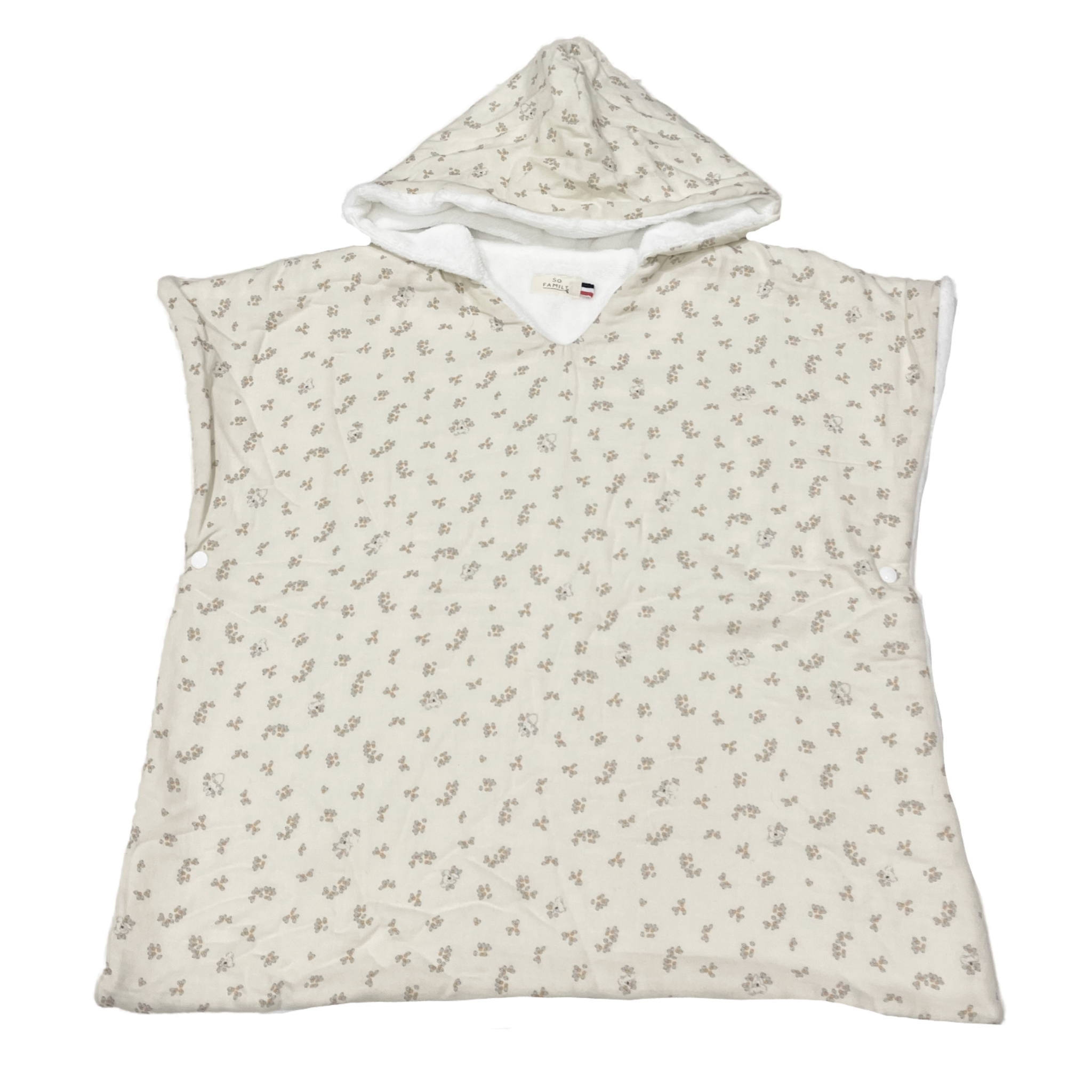 Poncho de bain en gaze de coton imprimé sur l'extérieur et intérieur en éponge bambou, très souple et douce. Fabrique en France.