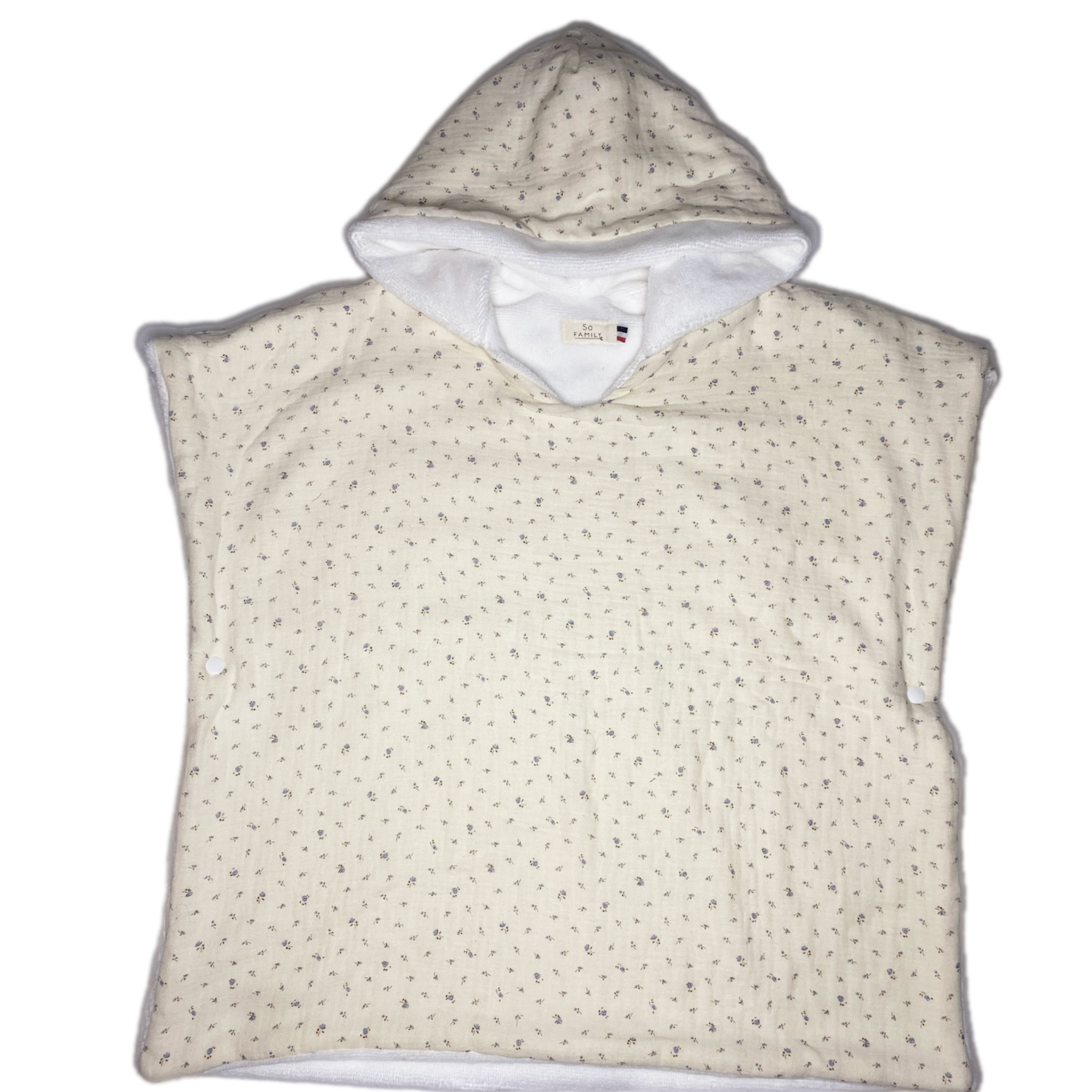 Poncho de bain en gaze de coton imprimé sur l'extérieur et intérieur en éponge bambou, très souple et douce. Fabrique en France.
