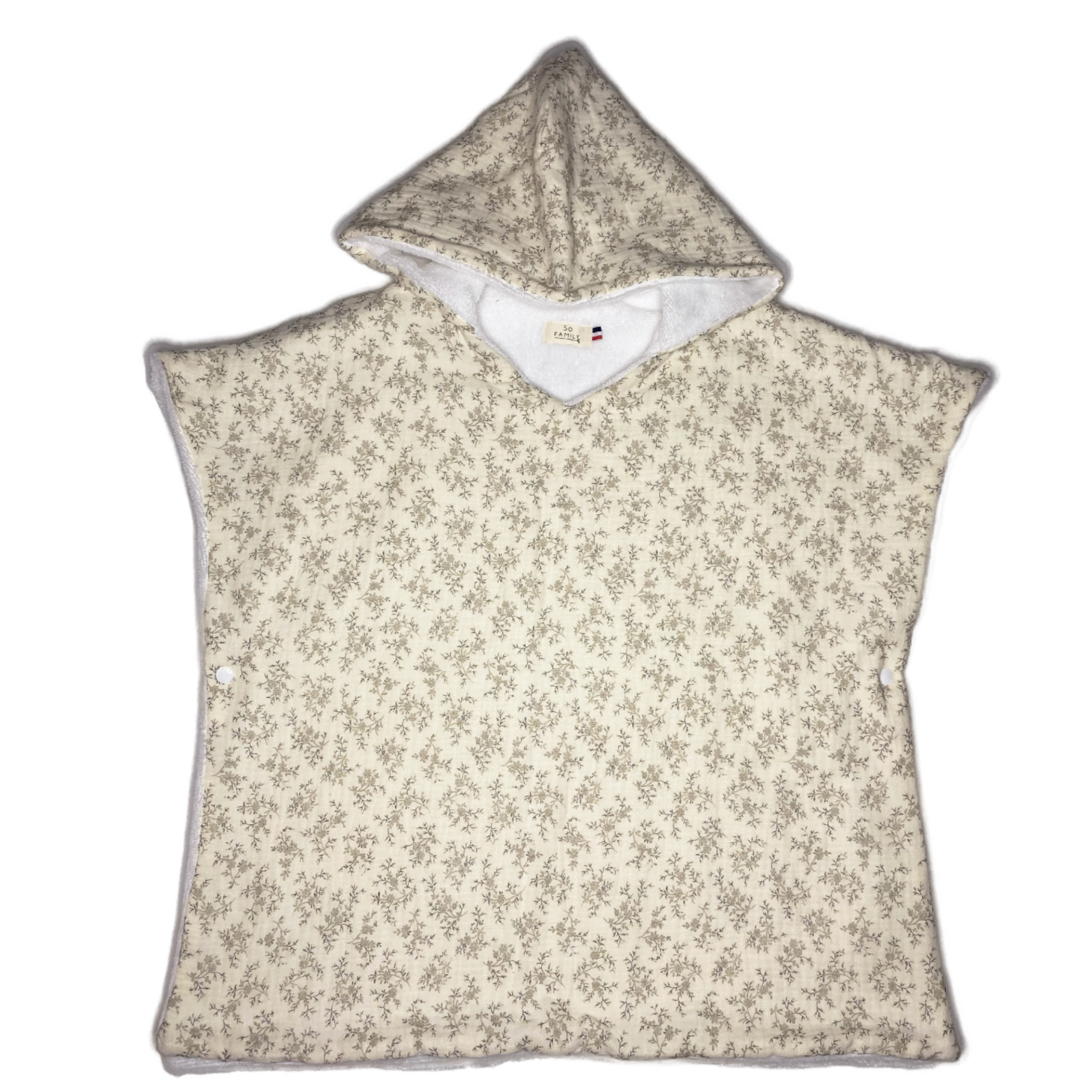 Poncho de bain en gaze de coton imprimé sur l'extérieur et intérieur en éponge bambou, très souple et douce. Fabrique en France.